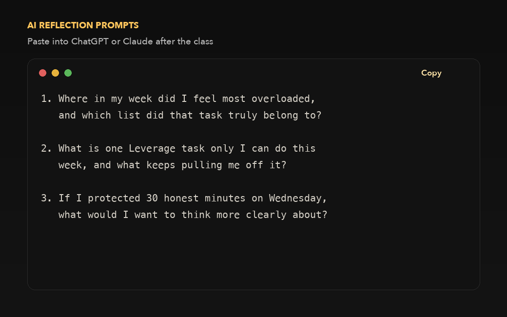 A class's AI reflection prompts, ready to paste into ChatGPT or Claude.