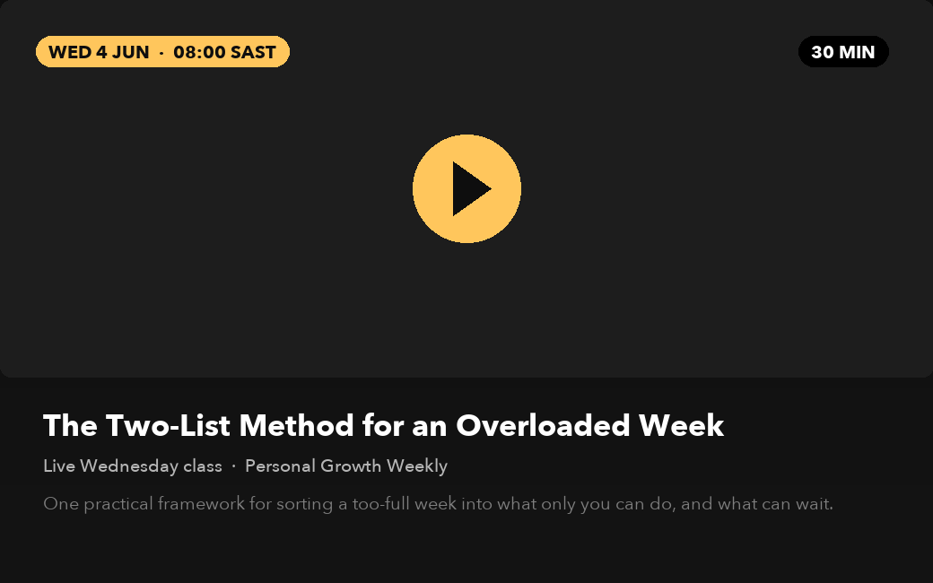 A live Wednesday class post with its title, date and video.