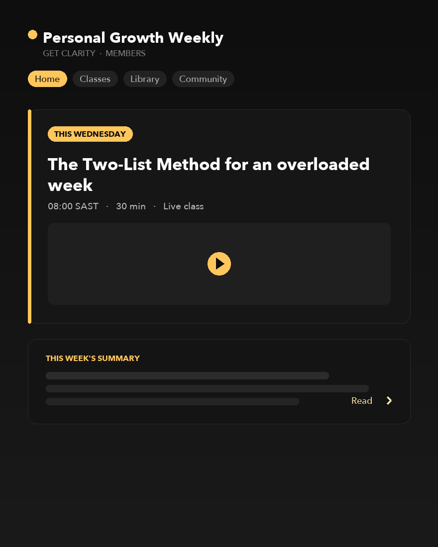 The Personal Growth Weekly space in the Get Clarity community, showing this week's live class card and summary preview.