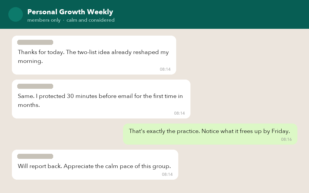 A small WhatsApp space, calm and considered, day to day.